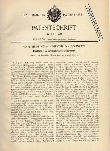 Original Patentschrift - C. Hensing in Höhscheid b. Solingen , 1899 , Halter für Hut , Mantel und Stock !!!