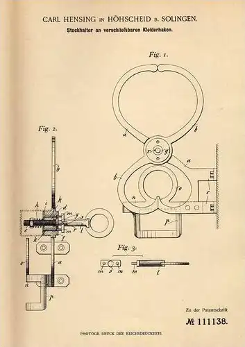 Original Patentschrift - C. Hensing in Höhscheid b. Solingen , 1899 , Halter für Hut , Mantel und Stock !!!