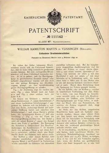 Original Patentschrift - W. Martin in Vlissingen , 1899 , Druckminderschieber , Druckminderer !!!