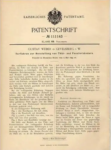 Original Patentschrift - G. Weber in Gevelsberg i.W., 1899 , Tür- und Fensterbäner , Schlosserei !!!