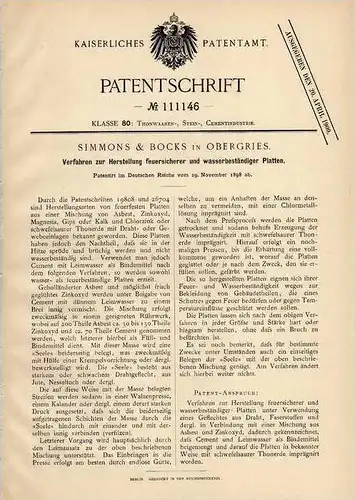 Original Patentschrift - Simmons & Bocks in Obergries , 1898 , feuerfeste Platten , Asbest !!!