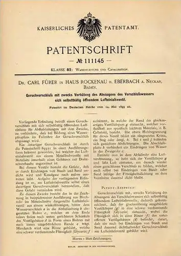 Original Patentschrift - Dr. C. Fürer in Haus Rockenau b. Eberbach a. Neckar , 1899 , Geruchverschluß , Kanalisation !!!