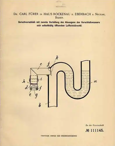 Original Patentschrift - Dr. C. Fürer in Haus Rockenau b. Eberbach a. Neckar , 1899 , Geruchverschluß , Kanalisation !!!