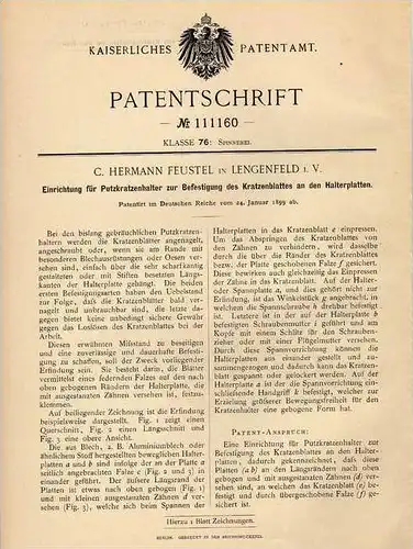 Original Patentschrift - C. Feustel in Lengenfeld i.V. , 1899 , Kratzenblatt für Spinnerei , Spinnmaschine !!!
