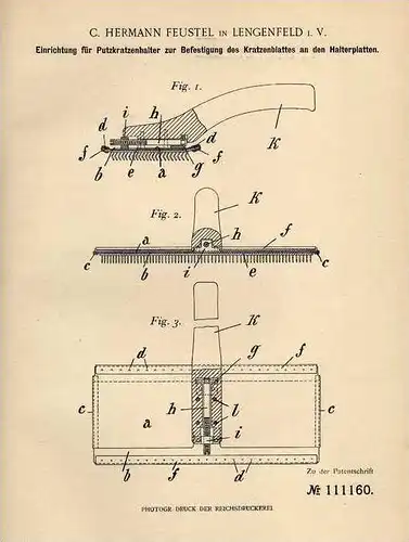 Original Patentschrift - C. Feustel in Lengenfeld i.V. , 1899 , Kratzenblatt für Spinnerei , Spinnmaschine !!!