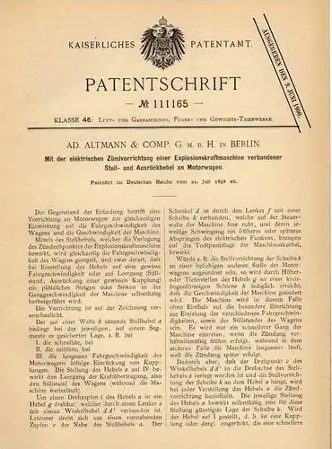 Original Patentschrift - Altmann & Comp. GmbH in Berlin , 1898 , Ausrückhebel an Motorwagen , Automobile !!!