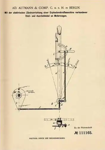 Original Patentschrift - Altmann & Comp. GmbH in Berlin , 1898 , Ausrückhebel an Motorwagen , Automobile !!!