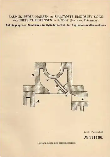 Original Patentschrift - R. Hansen in Rödby und Själstofte Sogn , 1899 , Zündröhre für Motoren , Explosionskraftmaschine