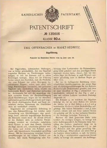 Original Patentschrift - E. Offenbacher in Marktredwitz , 1901 , Sägeführung , Sägewerk , Steinsäge , Säge !!!