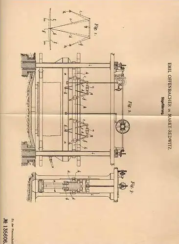 Original Patentschrift - E. Offenbacher in Marktredwitz , 1901 , Sägeführung , Sägewerk , Steinsäge , Säge !!!