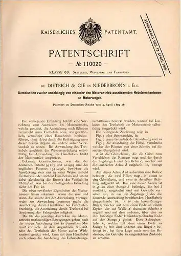 Original Patentschrift - Eugéne de Dietrich & Cie in Niederbronn i. Els., 1899 , Hebel für Motorwagen , Automobile !!!