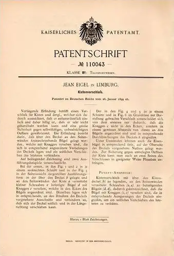 Original Patentschrift - J. Eigel in Limburg , 1899 , Verschluß für Kisten !!!