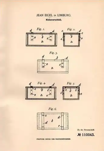 Original Patentschrift - J. Eigel in Limburg , 1899 , Verschluß für Kisten !!!