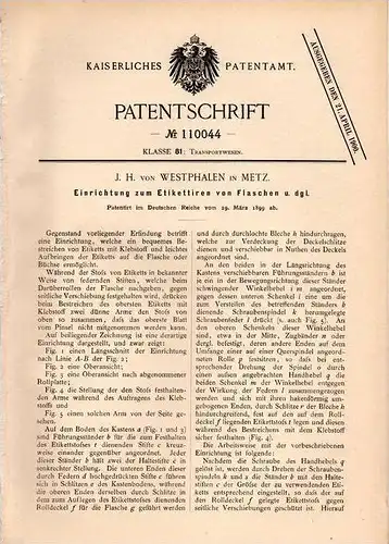 Original Patentschrift - J.H. von Westphalen in Metz , 1899 , Apparat zum Etikettieren von Flaschen , Etikett !!!