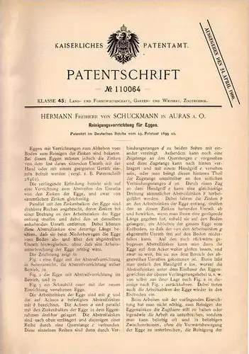 Original Patentschrift - Freiherr v. Schuckmann in Auras a.O., 1899 , Eggen - Reinigungsapparat , Landwirtschaft !!!