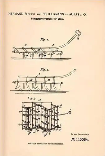 Original Patentschrift - Freiherr v. Schuckmann in Auras a.O., 1899 , Eggen - Reinigungsapparat , Landwirtschaft !!!