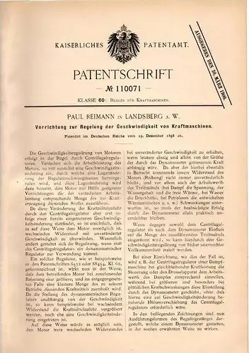 Original Patentschrift - P. Reimann in Landsberg a. Warthe , 1898 , Regelung von Kraftmaschinen !!!