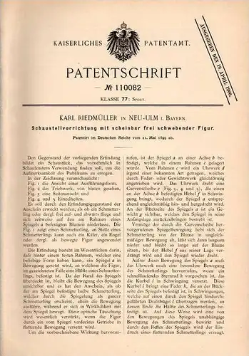 Original Patentschrift - K. Riedmüller in Neu-Ulm , Bayern , 1899 , Apparat für Schausteller , Zauberei , Zauberer !!!