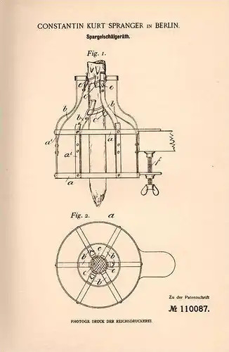 Original Patentschrift - C. Spanger in Berlin , 1898 , Spargel - Schälgeräth , Spargelschäler !!!