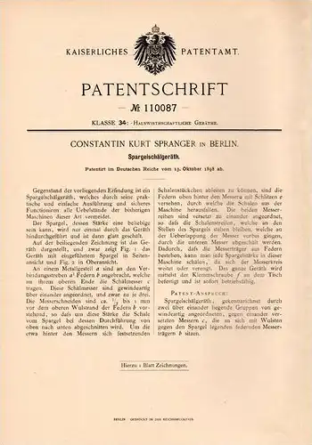 Original Patentschrift - C. Spanger in Berlin , 1898 , Spargel - Schälgeräth , Spargelschäler !!!