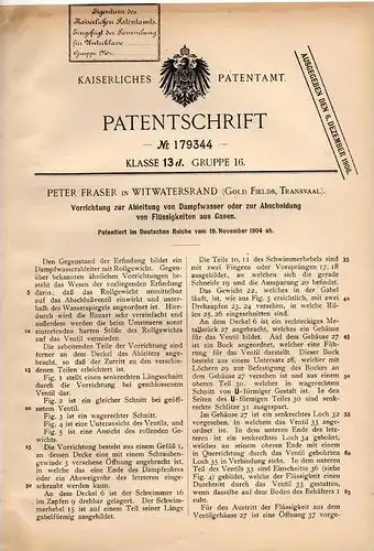 Original Patentschrift - P. Fraser in Witwatersrand , Gold Fields , 1904 , Apparat für Abscheidung , Goldsuche !!!