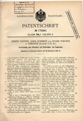 Original Patentschrift - S. Tattrie in Lebanon , Illinois , USA , 1905 , Teppich - Befestigung , Strecker  !!!