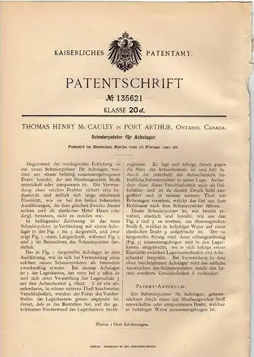 Original Patentschrift - T. Mc Cauley in Port Arthur , Ontario , 1901 , Achslager - Schmierpolster !!!