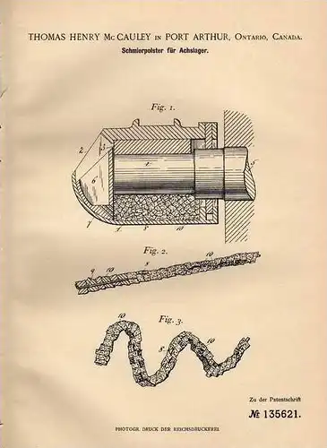 Original Patentschrift - T. Mc Cauley in Port Arthur , Ontario , 1901 , Achslager - Schmierpolster !!!