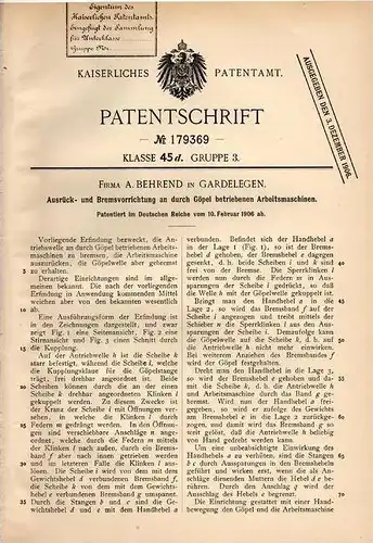 Original Patentschrift - Fa. A. Behrend in Gardelegen , 1906 , Bremsvorrichtung für Arbeitsmschinen !!!