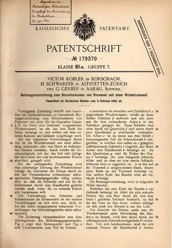Original Patentschrift - G. Gerber in Aarau , Altstetten - Zürich und Rorschach , 1906 , Rettungstrommel für Menschen !!
