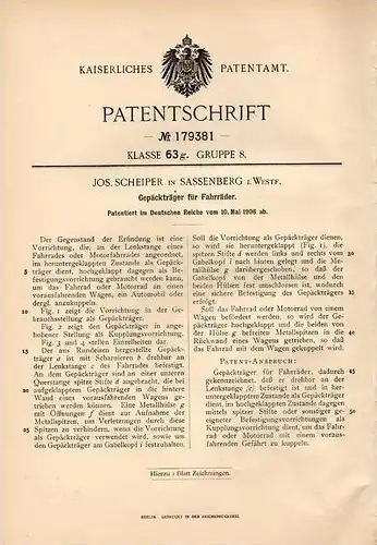 Original Patentschrift - J. Scheiper in Sassenberg i. Westf., 1906 , Fahrrad - Gepäckträger , Motorfahrrad , Fahrräder !