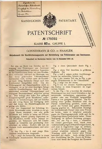 Original Patentschrift - Gonnermann & CO in Haarlem , 1905 , Herstellung von Trinkwasser aus Seewasser !!!