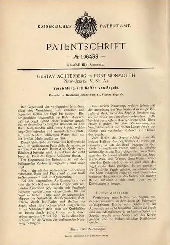 Original Patentschrift - G. Achterberg in Port Monmouth , USA , 1899 , Segelschiff , Segelboot , Segeln , Reffen !!!