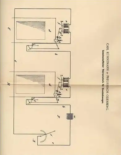 Original Patentschrift - C. Kühnemann in Preussisch - Oderberg , 1898 , Türverschluß für Eisenbahn , Waggon !!!