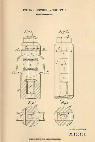 Original Patentschrift - J. Fischer in Troppau , 1899 , Bohrer für Bergbau !!!