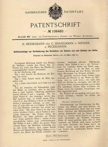 Original Patentschrift - H. Hesselmann in Niessen b. Peckelsheim , 1898 , Hufeisen zum Schutz der Hufe , Pferd !!!