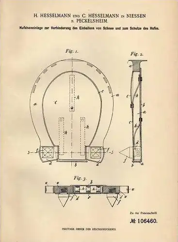 Original Patentschrift - H. Hesselmann in Niessen b. Peckelsheim , 1898 , Hufeisen zum Schutz der Hufe , Pferd !!!