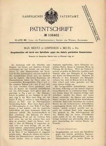 Original Patentschrift - M. Mertz in Limperich b. Beuel a.Rh., 1899 , Dengelmaschine !!!