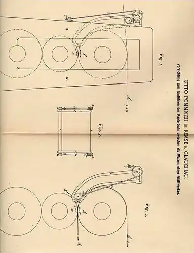 Original Patentschrift - O. Pommrich in Remse b. Glauchau , 1898 , Glättwerk für Papier - Herstellung !!!