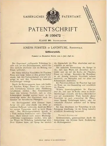 Original Patentschrift - J. Forster in Landstuhl , Rheinpfalz , 1898 , Verschluß für Gefäße , Krug , Krüge , Flaschen!!!