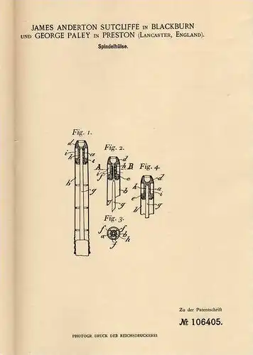 Original Patentschrift - G. Paley in Preston und Blackburn , 1899 , Spindel , Spinnerei !!!