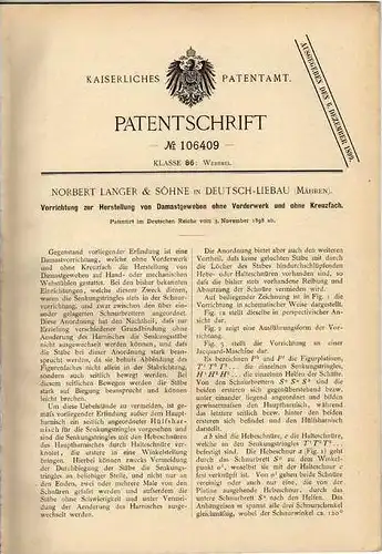 Original Patentschrift - N. Langer & Söhne in Deutsch - Liebau , 1898 , Damastgewebe - Herstellung , Weberei !!!