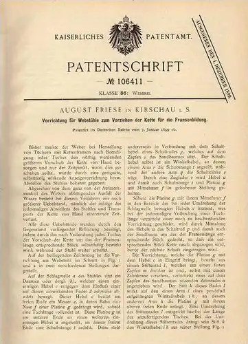 Original Patentschrift - A. Friese in Kirschau i.S., 1899 , Webstuhl - Vorrichtung , Weberei !!!
