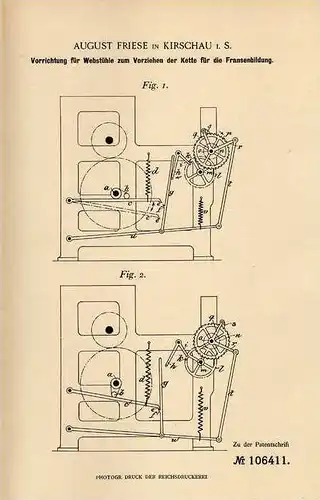 Original Patentschrift - A. Friese in Kirschau i.S., 1899 , Webstuhl - Vorrichtung , Weberei !!!