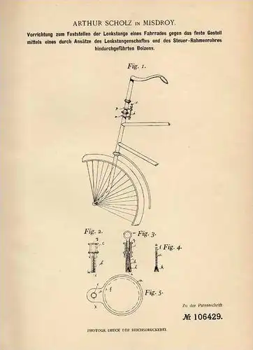 Original Patentschrift - A. Scholz in Misdroy , 1899 , Lenkstange für Fahrrad !!!
