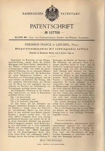 Original Patentschrift - F. Franck in Langmeil , Pfalz , 1899 , Düngerstreumaschine , Landwirtschaft !!!