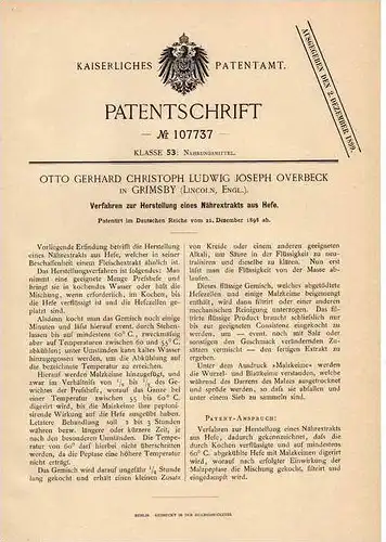 Original Patentschrift - O. Overbeck in Grimsby , Lincoln , England , 1898, Nahrung , Nährextrakt aus Hefe , Ernährung !