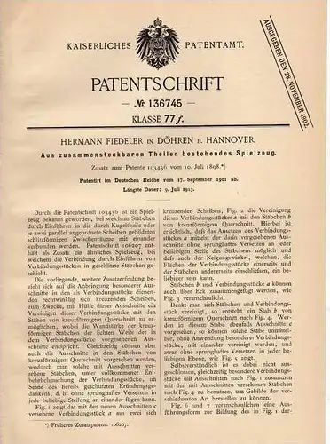 Original Patentschrift - H. Fiedeler in Döhren b. Hannover , 1901 , Spielzeug aus Steckteilen !!!
