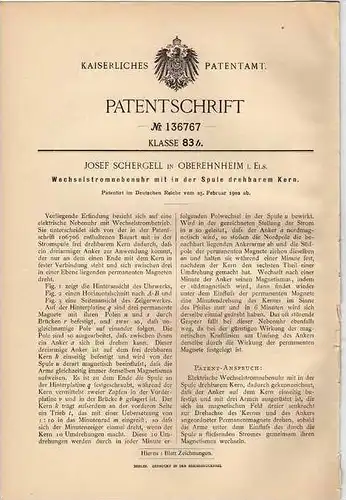Original Patentschrift - J. Schergell in Oberehnheim i. Elsass , 1902 , Wechselstromuhr mit Kern !!!