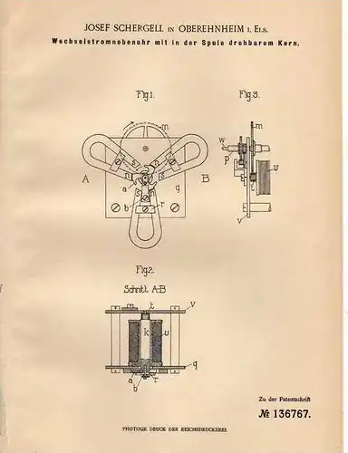 Original Patentschrift - J. Schergell in Oberehnheim i. Elsass , 1902 , Wechselstromuhr mit Kern !!!